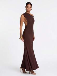 Solid Color Elegant Asymmetric Fitted Formal Dress - Brown - View 4