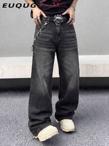 Quần jeans ống rộng dáng suông dành cho nam, phong cách đường phố thường ngày, phù hợp cho mọi mùa. - Đen và trắng - Xem 5