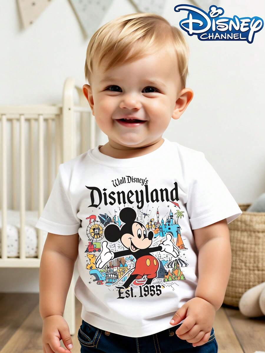 Disney's Mickey Mouse And Disneyland Print - Children's Clothing Design, T-Shirts, Everyday Wear, Casual And Cute, Comfortable And Loose, Suitable For Boys And Girls, Ideal For Parties And Play, Washable, Girls' Short-Sleeved Shirts, Gifts, Clothing, Shirts, Patterned T-Shirts, Toddler Boy Clothes, Tops, Kids, Girls Clothing, Mommy And Daughter Matching Outfits. - trắng - Xem 1