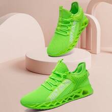 Women's Blade Sole Letter Print Sneakers, Breathable Lightweight Streetwear Running Shoes - Fluorescent Green - View 2