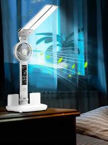 Lámpara de escritorio multifuncional 2 en 1 con ventilador incorporado y reloj digital, luz de lectura plegable de doble cabezal con cuidado ocular, soporte para bolígrafos, alimentada por USB, regulación táctil, adecuada para el hogar, la oficina y el estudio, color blanco minimalista - Unitalla - Ver 6