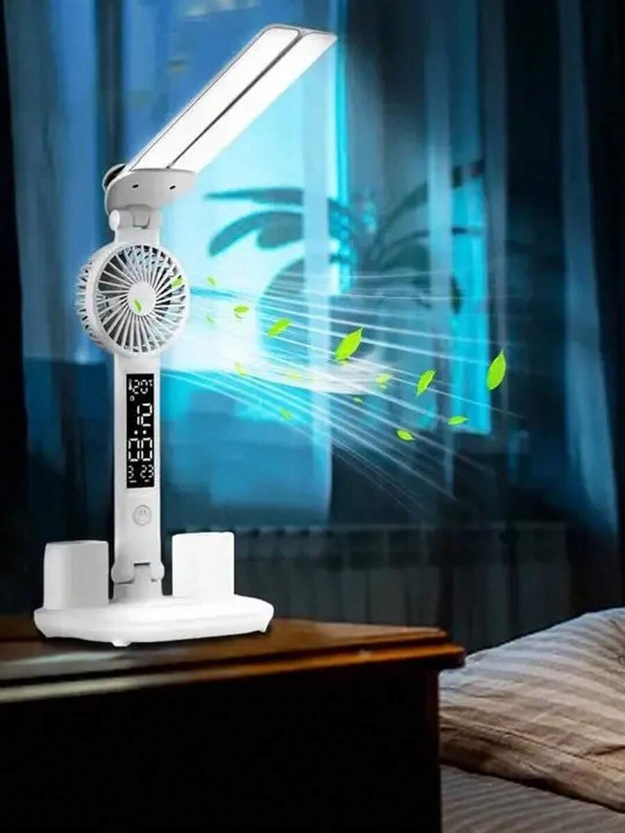 2-In-1 Multifunctional LED Desk Lamp With Built-In Fan And Digital Clock, Foldable Dual-Head Eye-Care Reading Light, Pen Holder, USB Powered, Touch Dimming, Suitable For Home Office Study, Minimalist White
