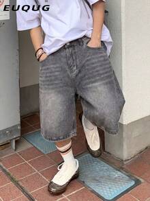 Pantalones cortos de mezclilla negros lisos con bolsillo inclinado para hombre - Gris - Ver 4