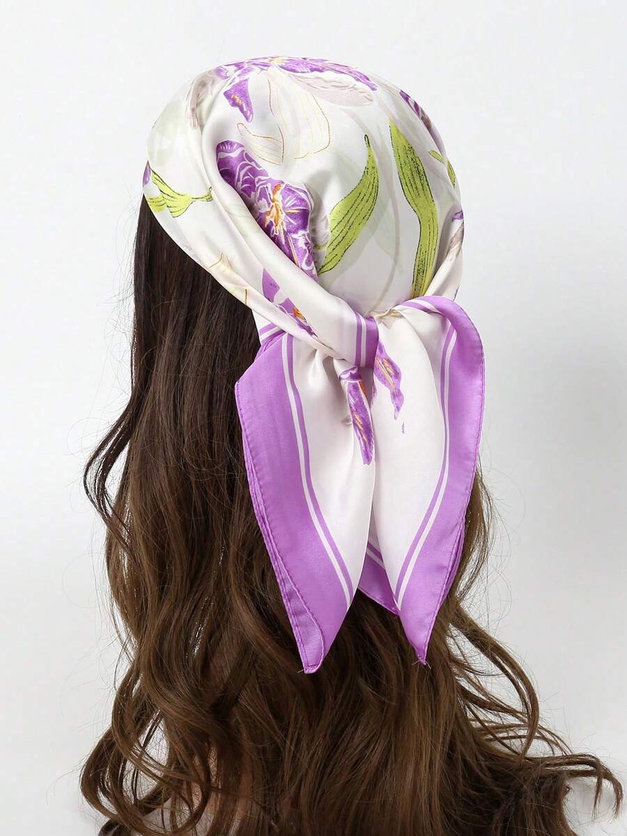 26.77 Inch Silk-Like Printed Square Scarf 68cm, Women's Fashion Breathable Multifunctional Headband Neck Scarf Accessory, 1pc, Beach Towel - Multicolor - View 1