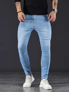 男士藍色修身破洞彈力牛仔長褲 - 淺色水洗藍 - 查看 1