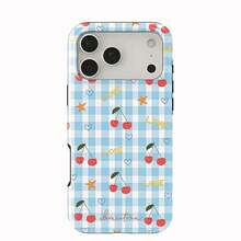 Funda de teléfono de lujo Y2K a cuadros azul cereza para iPhone 17 16 15 14 13 12 11 Air Pro Max Plus de doble capa SWAG - Celeste - Ver 3