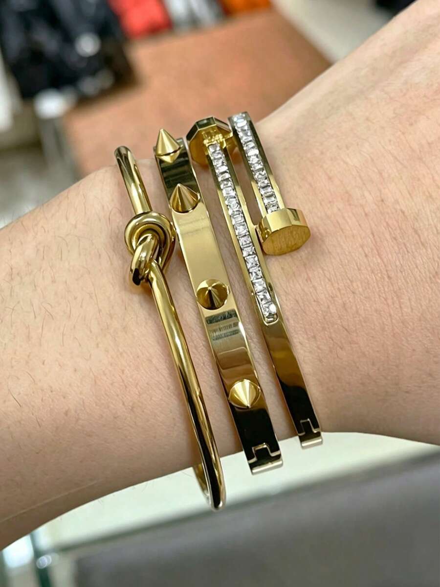 3/1 Pieza Nuevo brazalete de acero inoxidable de alta calidad con estilo punk vintage y elementos asimétricos, brazalete anudado, brazalete con martillo, brazalete con clavo y cono, diseño de múltiples elementos. Adecuado para fiestas/vacaciones/playa/uso diario - Dorado - Ver 1