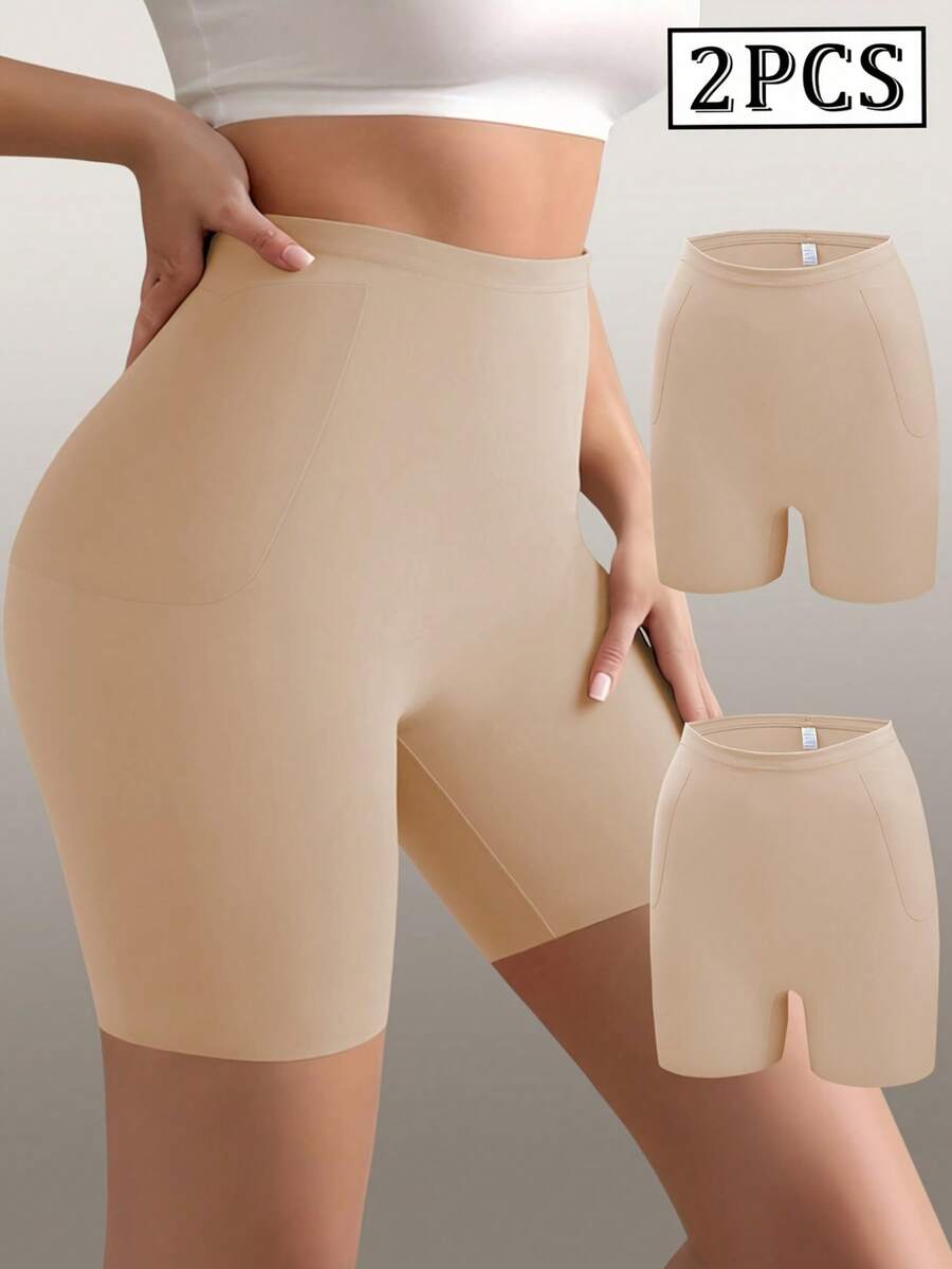 2 Packs Women Smooth Seamless Safety Shorts, Solid High Waist Mid Thigh Anti Rub Shapewear Invisible Casual Layering Undershorts - Multicolor - View 1