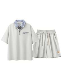 Conjunto de 2 piezas de camisa tipo polo con media cremallera y pantalones cortos a cuadros de estilo patchwork para hombre, conjunto informal y holgado - Beis - Ver 2