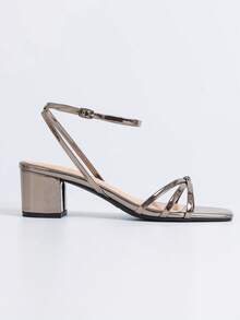 Women's Square Toe Sandals, Chunky Heel Open Toe One-Strap Fashion Minimalist Versatile Elegant High Heel Shoes For Vacation - Grey - View 4