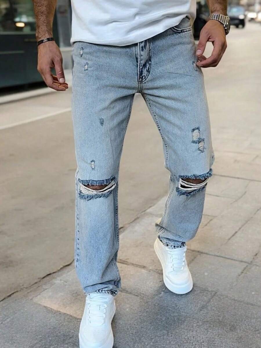 Men's Casual Everyday Wear Jeans With Pockets, Button Design And Distressed Details - Baby Blue - View 1