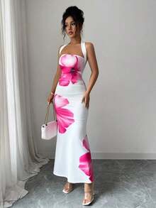 Vestido midi estampado de verano 2025 para mujer, con cuello halter y cintura ajustada. - Blanco - Ver 3