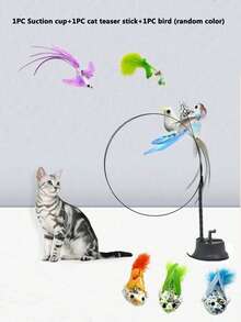 互动逗猫棒玩具，带羽毛棒和铃铛，钢制长杆带吸盘底座，猫咪自娱自乐，猫玩具 | 趣味猫玩具 | 耐用猫玩具，合成纤维羽毛逗猫棒，猫咪用品 - 紫色 - 查看 13