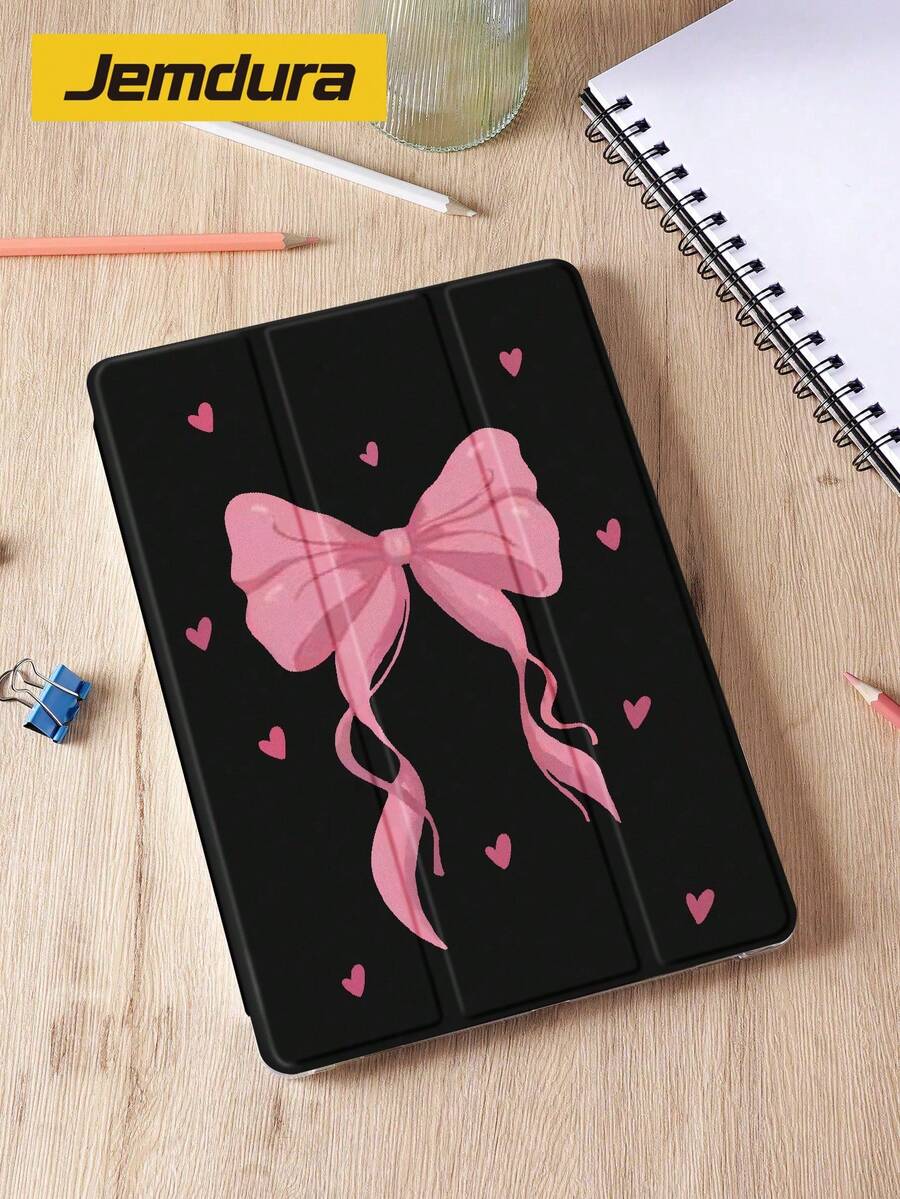 1pc Black Background, Pink Bow, Heart Pattern Tablet Protective Case, Compatible With Apple IPad 10.2" 2021/2020, IPad Pro, Galaxy Tab A8 10.5" Huawei Matepad 10.4/Tab, Mi Pad, Anti-Drop, With Pen Slot, Sleep/Wake Support