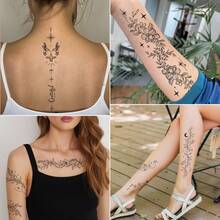 10 Tờ Hình Xăm Tạm Thời Hình Lá và Dây Leo Xanh Tươi, Kích Thước Lớn Dành Cho Nữ - Hình xăm tay lâu trôi, Hình dán cơ thể cho mặt, tay, ngực, eo, bụng, chân và bàn chân - Phong cách vẽ phác thảo, ngoài trời - màu đen - Xem 3