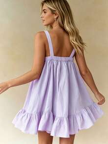 Vestido lencero para mujer, vestido corto de verano holgado, sin mangas, plisado y con volantes. - Violeta - Ver 2