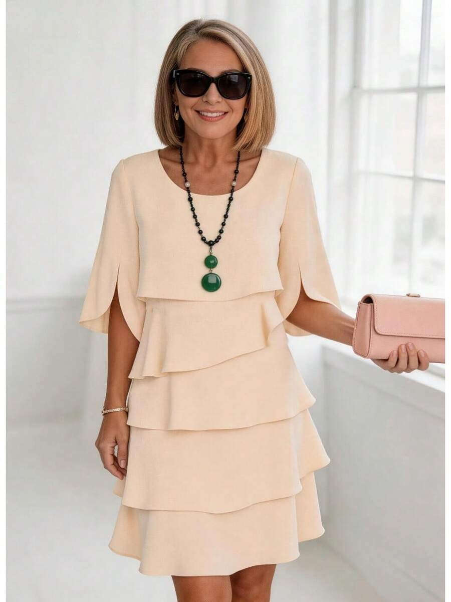 Spring And Summer Fashion Solid Color Round Neck Cake Skirt Patchwork Dress Women's Clothing - 杏色 - 查看 1