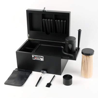 OFFPUFF Large Bamboo Storage Box With Removable Rolling Tray Kit - Black Glass Jars, Storage Tube And Pre-Rolled Cons-ALL-IN-ONE Set.