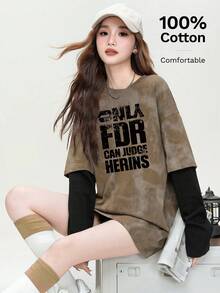 JUTU Blend English Graphic Print Patchwork Loose Fit Long Sleeve Round Neck Knit Top, Suitable For Party, Spring, Autumn, Valentine's Day Casual - 0B45 Coffee Black - KJ0200 Black - View 3