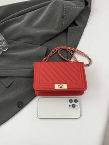 Hevel, nueva bolsa de hombro mini de moda de unicolor con relieve de PU, bolso bandolera de calle, bolso cuadrado pequeño minimalista de mujer con cadena - Rojo - Ver 8