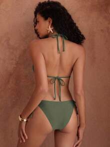 Women's Elegant Olive Green Halter Matching Pearl Accessory Bikini Swimwear For Vacation & Beach Summer - Olive Green - View 2