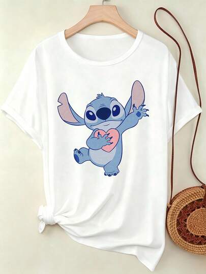 Disney Áo thun dài tay cổ tròn in họa tiết hoạt hình mùa hè mới dành cho nữ, chất liệu hơi co giãn, không xuyên thấu, dễ bảo quản, phù hợp cho các hoạt động thể thao ngoài trời và mặc hàng ngày.