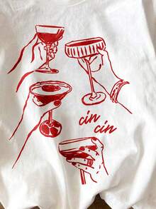 Áo thun nữ tay ngắn cổ tròn màu trắng với họa tiết ly cocktail đỏ vui nhộn, chất liệu vải thường ngày. - trắng - Xem 4