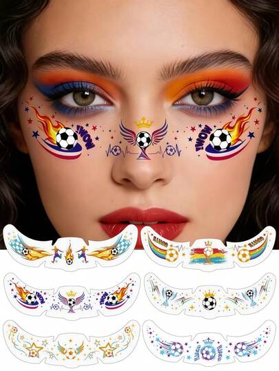 6 Sheets Soccer Tattoos World Cup Stickers Cute Freckles Face Tattoo Cheer Stickers Waterproof Soccer Stickers Face Makeup For Party Parade Festival Game Beach Travel Accessories