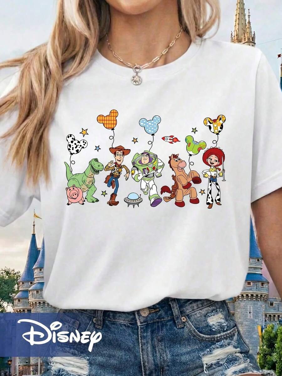 Disney Land Outfit Toy Story Characters And Mickey Balloon Print Short Sleeve T-Shirt, Cartoon Loose Fit Versatile Couple And Family Matching Round Neck Short Sleeve T-Shirt Top - trắng - Xem 1