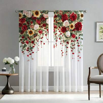 NOSBEI 2 piezas/1 pieza Cortinas transparentes con estampado de dalia roja y girasol, cortinas de gasa con estampado floral tropical para dormitorio y sala de estar, decoración elegante para el hogar, tamaño 52" de ancho x 84" de largo