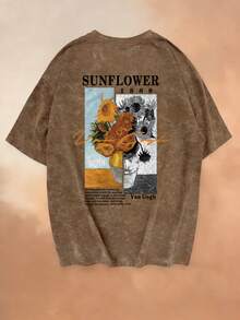 Summer New Casual Floral & Black Cat Print Round Neck Tie-Dye Short Sleeve T-Shirt, Fashionable & Versatile Blouse For Women - Brown - View 2