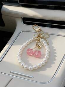 Llavero de cristal transparente multicolor con perla en forma de cereza, cordón delicado con lazo, accesorio versátil y femenino para bolso - Multicolor - Ver 2
