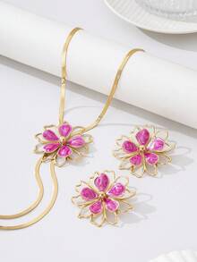 Bộ trang sức thời trang gồm dây chuyền và bông tai hình hoa nhỏ giọt dành cho nữ. - bộ hoa - Xem 4