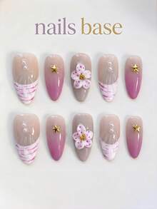 NAILS BASE 10件/組 粉色杏仁形長款法式漸層漸變假指甲，附玫瑰紅花朵，辦公適用的中性亮麗杏仁形甲片，日式手工 P - 彩色 - 查看 1