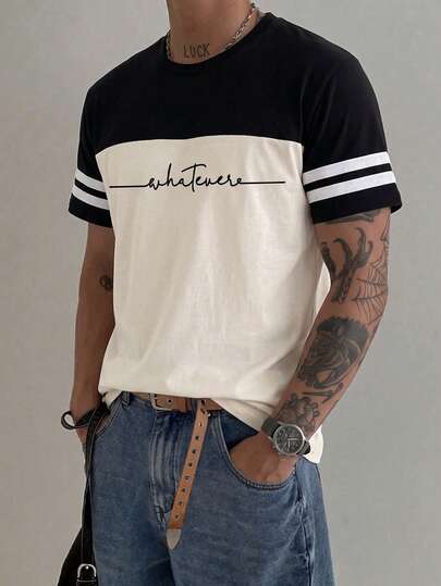 Men's Colorblock Digital Print Short Sleeve T-Shirt, Summer