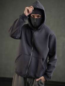 Balaklava, A Must-Have Item For Social Anxiety Sufferers. A Face-Covering Style, Loose Large-Sized And Long Double-Layered Hooded Zipper-Style Pullover Hoodie And Hooded Sweater. Suitable For Men's Autumn/Winter Clothing, Halloween Costumes, Christmas Costumes, Men's Outerwear, Fashionable Style, Men's Hooded Sweater. - 灰色 - 查看 4