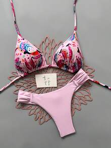 Women's Casual Ruched Bikini Set, Fruit Print Triangle Top With Ruched Pink Bottoms, Medium Stretch Swimwear Vacation Beach Summer - Pink - View 2