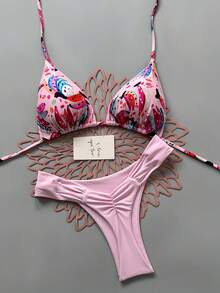 Women's Casual Ruched Bikini Set, Fruit Print Triangle Top With Ruched Pink Bottoms, Medium Stretch Swimwear Vacation Beach Summer - Pink - View 1
