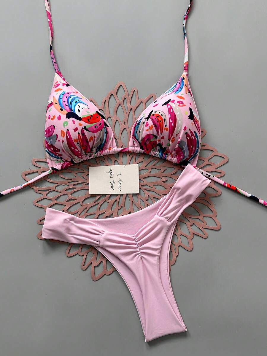 Women's Casual Ruched Bikini Set, Fruit Print Triangle Top With Ruched Pink Bottoms, Medium Stretch Swimwear Vacation Beach Summer - Pink - View 1