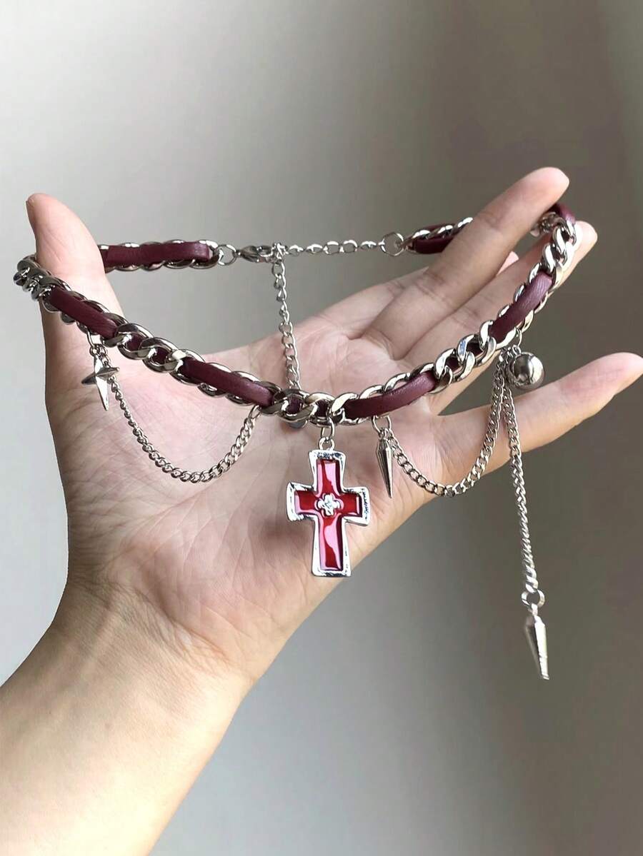 1 pieza Collar de cuero sintético estilo punk dulce, con decoración de borla en forma de cruz popular, estilo punk femenino estilo Y2K, cadena de cintura decorativa de alta calidad, accesorios de cadena de cintura de jeans estilo hip-hop, adecuado tanto para hombres como para mujeres, encanto de bolso, llavero, regalo de cumpleaños, regalos de boda, regalos de vacaciones, regalos de fiesta, recuerdos de eventos, regalos para amigos fuera del campus - Multicolor - Ver 1