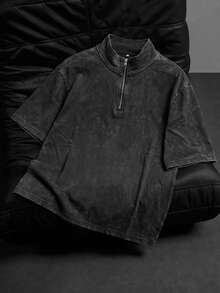 极简男士夏季水洗破洞拉链短袖T恤 - 黑色 - 查看 1