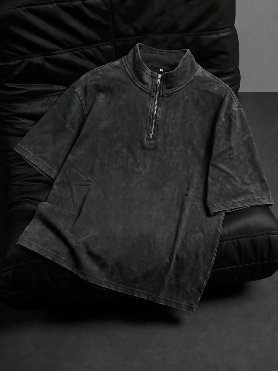 极简男士夏季水洗破洞拉链短袖T恤 - 黑色 - 查看 1