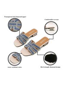 2026 New French Chunky Heel Rhinestone Slide Sandals, Fashion Beach Holiday Casual Slip-On Slippers For Women Summer - Blue - View 7
