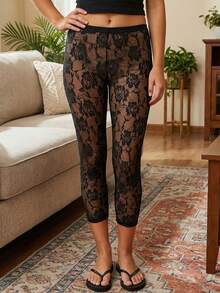 Pantalones Capri de Encaje Recortados para Mujer, Sexy, Transparentes, Leggings Cortos de Encaje Floral, Ajuste Estrecho, Lazo Lateral, Pedal Pushers Coquette, Parte Inferior Ajustada - Negro - Ver 3