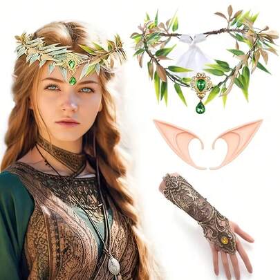3 PiecesFairy Queen Costume Accessories - Exquisite And Elegant Fairy Headband With Leaf Wreath, Delicate Fairy Earrings, And Slender Lace Armbands, Perfect For Halloween Costume Parties, Comfortable And Easy To Wear.