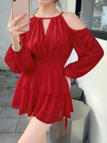 Vestido casual de mujer de unicolor elegante con mangas farol y hombros descubiertos - Negro - Ver 7