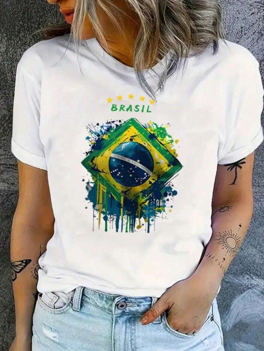 Women's Round Neck T-Shirt With Brazilian Flag Print, Women's Fashion T-Shirt With Brazilian Flag Print, Casual Short-Sleeve T-Shirt, Women's Blouse On , Comfort For All Seasons - trắng - Xem 1