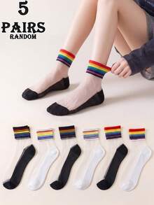 5 Pairs Random Rainbow Striped Transparent Crystal Glass Fiber Breathable Mid-Calf Socks, Spring/Summer - Multicolor - View 2