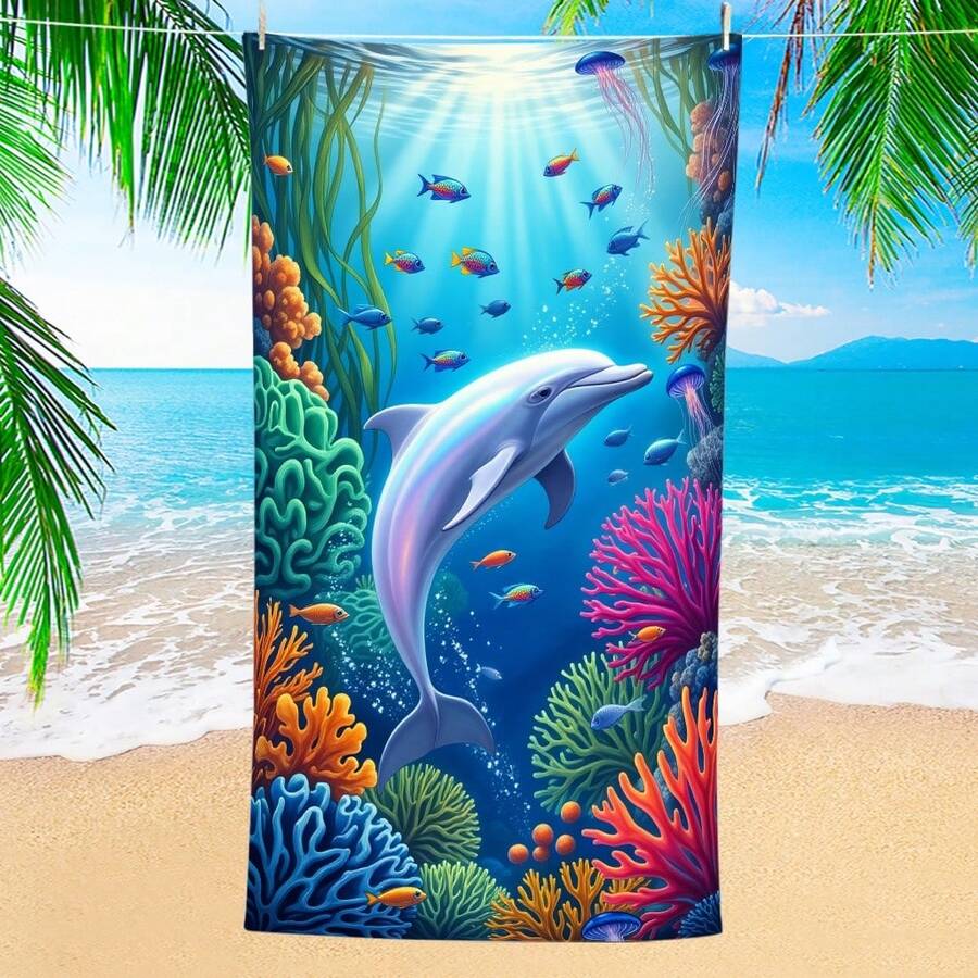 1 chiếc khăn tắm biển hình cá heo và san hô dưới nước, chất liệu microfiber siêu mềm, cỡ lớn, thấm hút cực tốt, thích hợp cho du lịch, hồ bơi, lặn biển, lướt sóng, yoga, cắm trại, nhiều kích cỡ khác nhau, phụ kiện bãi biển. - cá heo - Xem 1