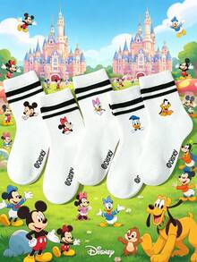 Disney 5双装迪士尼儿童袜子，白色条纹运动袜，印有蝴蝶结、小鸭、米老鼠等可爱卡通图案，适合迪士尼乐园、生日派对、节日礼物、学校、舞台表演、日常穿着，春夏四季皆宜。 - 彩色 - 查看 1